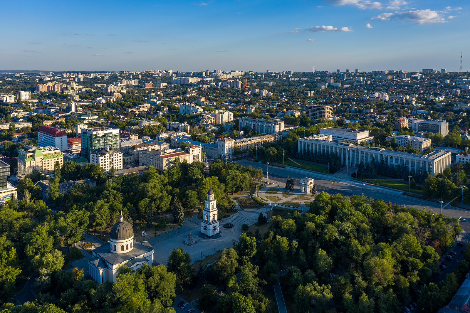 Chisinau, Moldova, August 2020: Aerial view of Cathedral Park and Government House in the center of Chisinau, capital of Moldova, at sunset