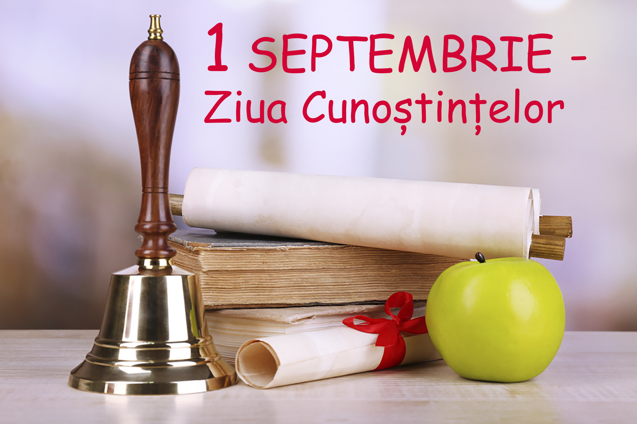 Gold school bell with school supplies on table on bright background